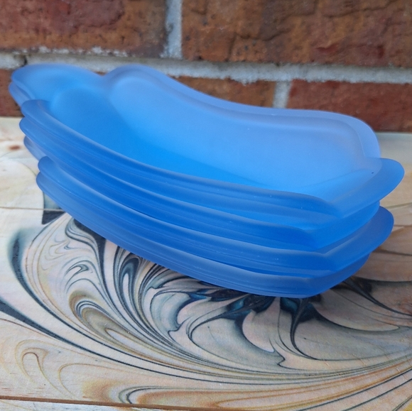 Blue Glass Banana Split Dishes Vintage Frosted Glass Dessert Set of 4 Dad Gifts - Picture 1 of 16